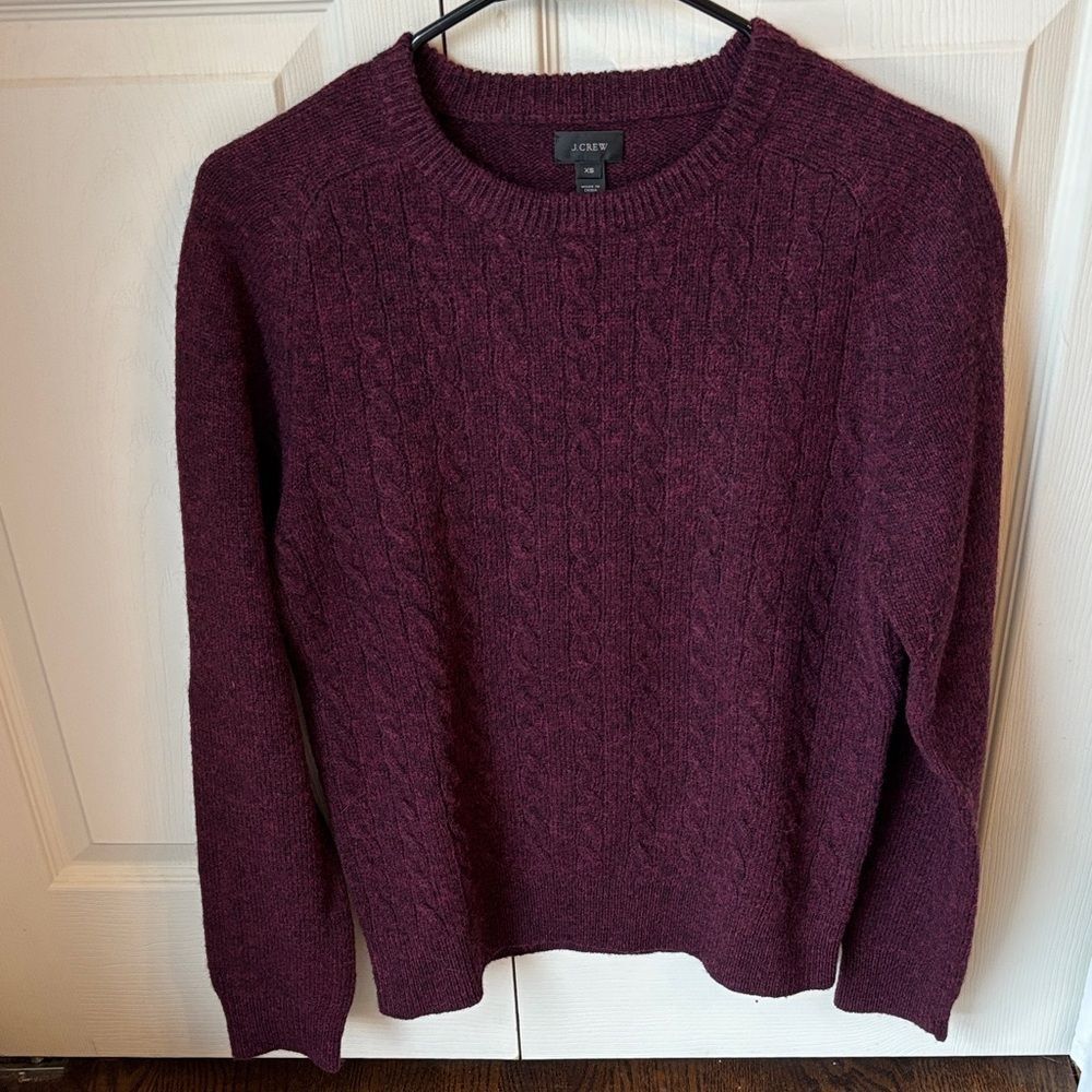 J. Crew 100% wool unisex Deep Wine maroon Cable Knit Sweater size XS Womens mens